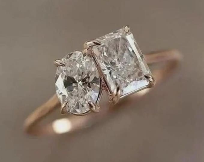 Toi et Moi Ring  Oval & Radiant Moissanite Engagement Ring 14K Solid Gold Wedding Ring Two Stone Promise Ring Anniversary Gift for Her