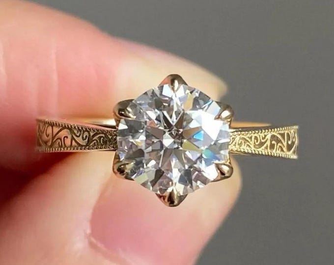 Round Cut Moissanite Solitaire Vintage Engagement Ring, Art Deco Handmade Filigree Wedding Band, Antique Inspired Engraving Statement Ring