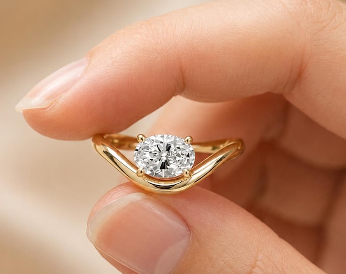 Pinky Finger Moissanite Ring, 1.25 CT Oval Cut Promise Ring, East West 14K Gold Engagement Ring, Minimal Wave Band Anniversary Gift For Her