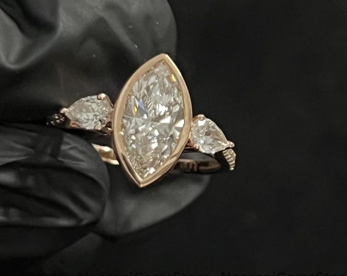 Marquise Cut Moissanite Three Stone Engagement Ring, 14K Solid Gold Vintage Wedding Ring, Pear Side Stone Ring For Her