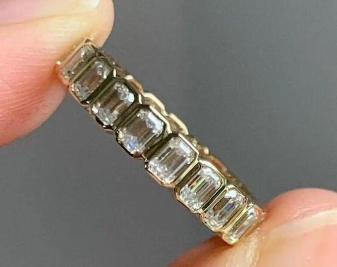 Emerald Cut Moissanite Wedding Band Bezel Set Full Eternity Matching Band Stackable Ring Anniversary Gift for Her