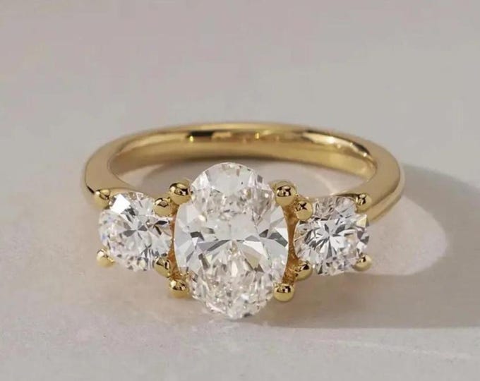 Oval Cut Moissanite Three Stone Wedding Ring, 14K Solid Yellow Gold Past present Future ring, Proposal Engagement Ring