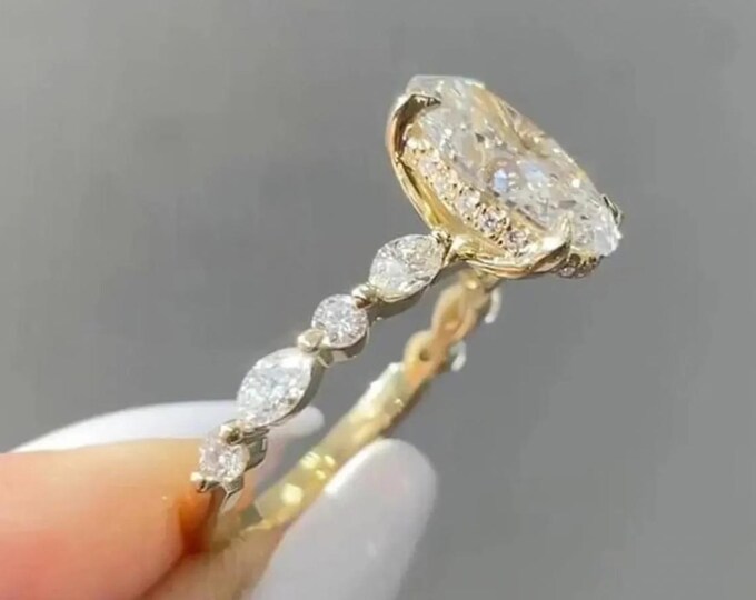 3CT Oval Cut Moissanite Engagement Ring with Hidden Halo and Marquise Pave Diamond Ring, 14K Solid Gold Half Eternity Oval Moissanite Ring
