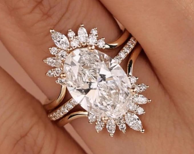 Art Deco Oval Cut Moissanite Wedding Bridal Set, 14K Solid Gold Engagement Gift For Her, Statement Ring With Two Matching Bands
