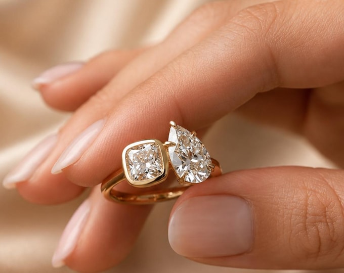 Toi Et Moi Moissanite Engagement Ring Pear & Cushion Cut Double Stone Ring 14K Yellow Gold Wedding Ring Bezel Set Promise Ring Gift For Her