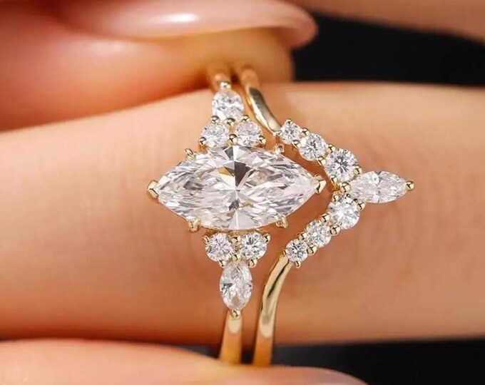 Marquise Cut Moissanite Engagement Ring Set, 14K Yellow Gold Cluster Wedding Ring With V Shape Stacking Band Cathedral Promise Ring