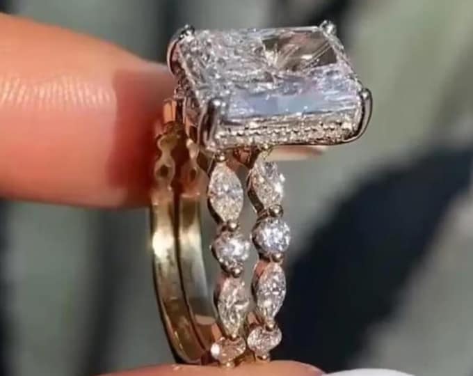 Radiant Cut Moissanite Wedding Ring Set, 14K Solid Gold Hidden Halo Bridal Ring Set, With Stackable Band Anniversary Gift For Her