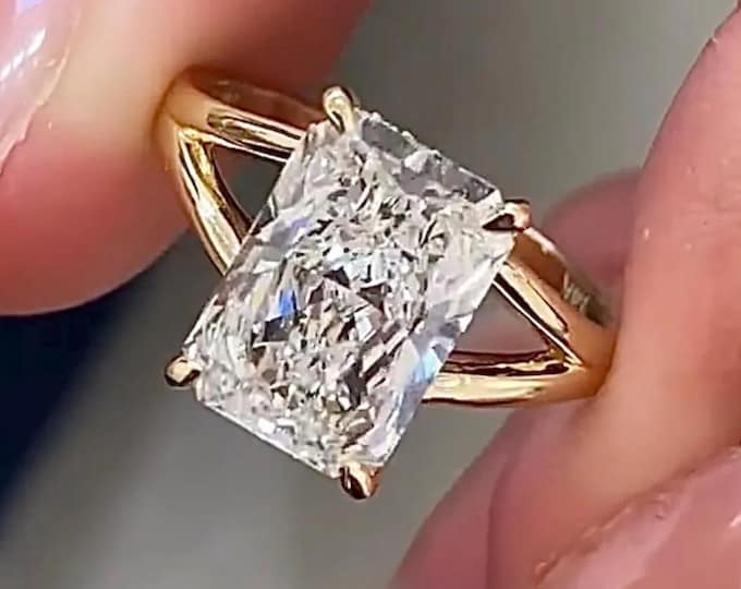 Radiant Cut Moissanite Diamond Solitaire Engagement Ring, 14K Solid Gold Split Shank Wedding, Promise Ring Anniversary Gift For Her
