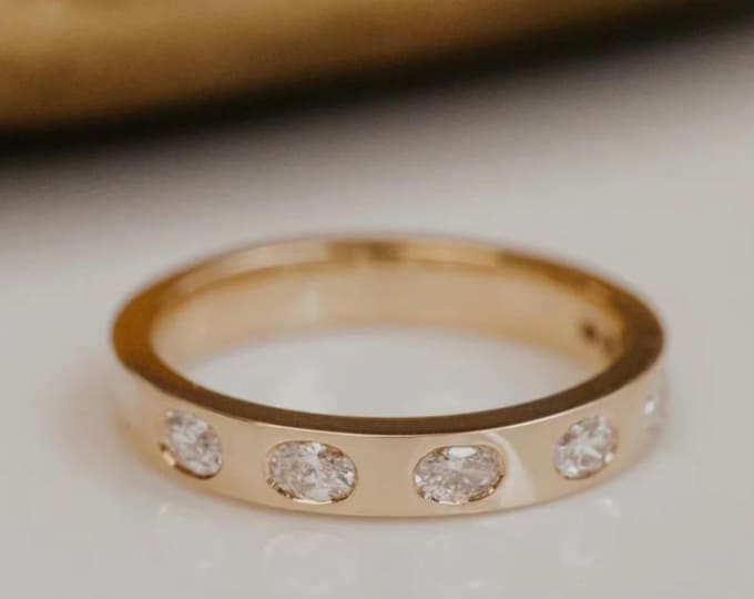 Oval Cut Moissanite Stacking Wedding Band, 3.50mm Wide Delicate Flush Set Half Eternity Engagement Band,14K Gold Flush Setting Stacking Band