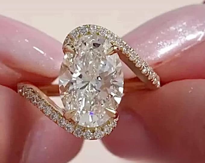 Oval Cut Moissanite Engagement Ring, 14K Gold Bypass Solitaire Wedding Ring, Curved Minimalist Anniversary Ring For Her