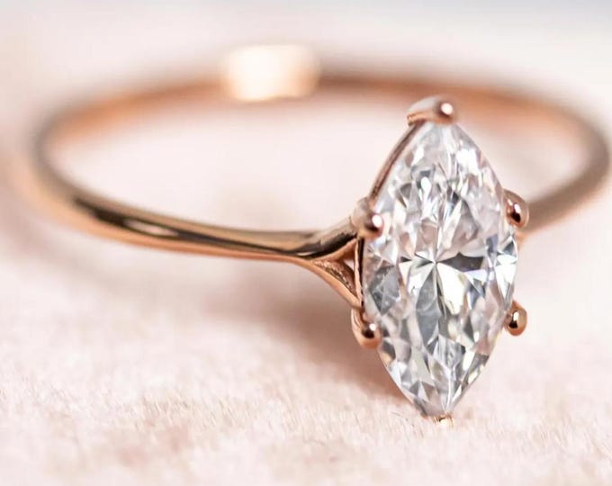 Marquise Cut Moissanite Engagement Ring, 14K Solid Gold Bridal Wedding Ring, Custom Solitaire Ring, Minimalist Ring Anniversary Gift for Her