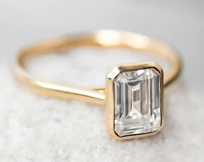 1CT Emerald Cut Moissanite Engagement Ring, Anniversary Ring For Women, Bezel Set Wedding Promise Ring, Gold Ring, Proposal Ring