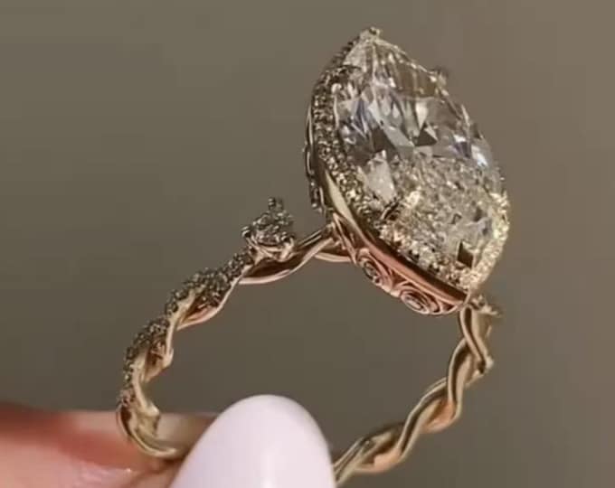 Marquise Cut Moissanite Engagement Ring, 14K Solid Gold Hidden Halo Twisted Band Wedding Ring, Vintage Inspired Sparkling Statement Ring