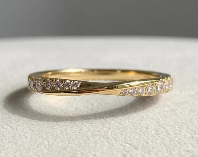 Round Cut Moissanite Crossover Wedding Band, 14K Solid Gold Stackable Rings, Handmade Perfect Ring For Daughter