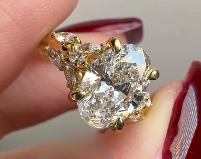 Vintage Tulip Oval Cut Moissanite Engagement Ring, 14K Solid Gold Leaf Branch Wedding Ring, Cluster Promise Ring For Her