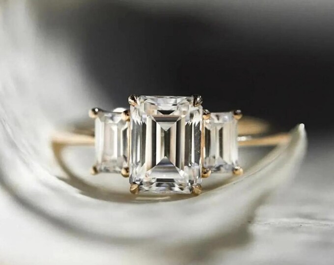 Emerald Cut Moissanite Engagement Ring, 14K Solid Gold Three Stone Past Present Future Ring Heirloom Jewelry, Promise Ring For Her