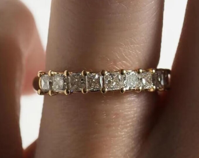 3.50 MM Princess Cut Colorless Moissanite Eternity Ring, Matching Wedding Band, Comfort Fit Band, Shared Prong Ring, Anniversary Gift Ring