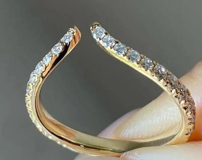 Round Cut Moissanite Curved Stackable Ring 14K Gold Open Cuff Band Minimalist Wedding Ring Matching Eternity Band Promise Ring Gift For Her