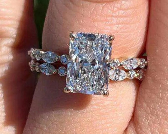 Radiant Cut Moissanite Engagement Ring Set, Sterling Silver Wedding Ring, Bridal Set, Anniversary Gift, Delicate Promise Ring