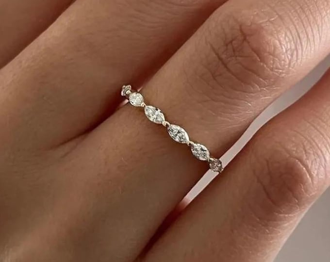 East West Marquise Cut Moissanite Eternity Band, 14K Solid Gold Proposal Anniversary Ring, Thin Stackable Band, Bridal Jewelry For Women