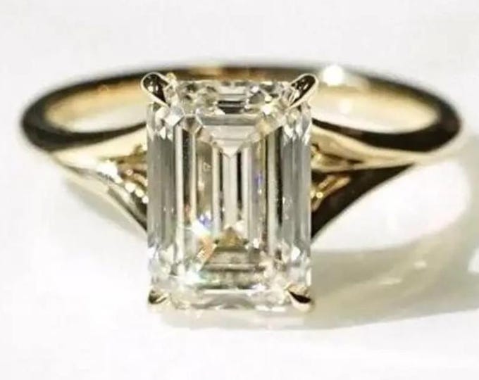 Emerald Cut Moissanite Engagement Ring, 14K Solid Gold Solitaire Ring, Custom Bridal Ring, Promise Ring, Anniversary Gift for Her