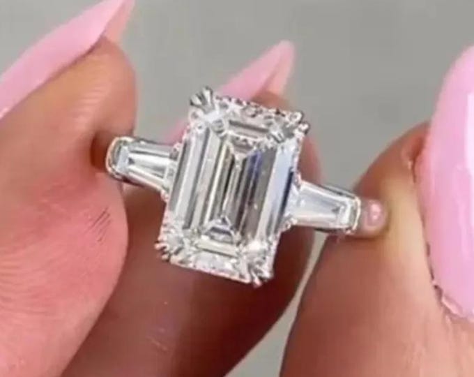 Emerald Cut Moissanite Three Stone Engagement Ring, 925 Sterling Silver Art Deco Wedding Ring, Anniversary Jewelry, Statement Ring