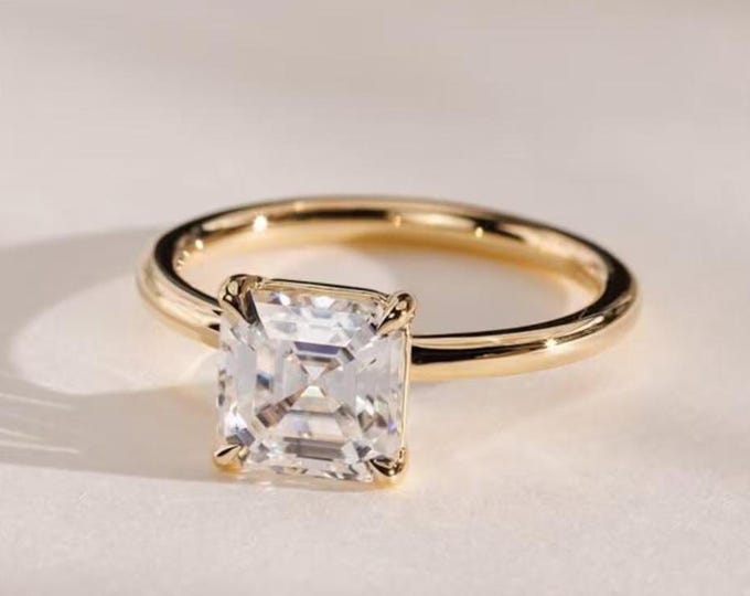 Asscher Cut Moissanite Wedding Ring, 14K Solid Gold Simple Solitaire Claw Prong Engagement Ring, Classic Anniversary Gift For Women