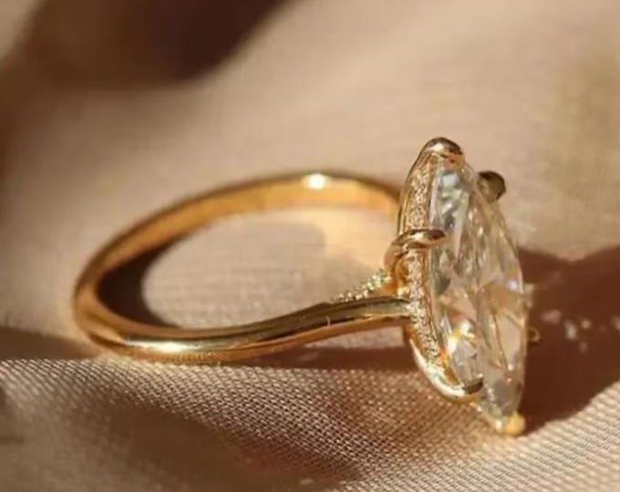 Marquise Cut Moissanite Engagement Ring, 14K Solid Gold Hidden Halo Bridal Ring, Vintage Inspired Solitaire, Surprise Anniversary Gift