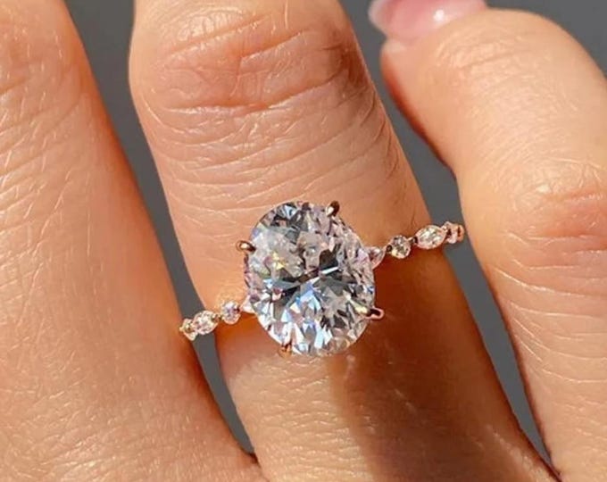 Oval Cut Moissanite Engagement Ring, 14K Solid Gold Dainty Hidden Halo Wedding Ring, Elegant Proposal Ring, Minimalist Bridal Jewelry