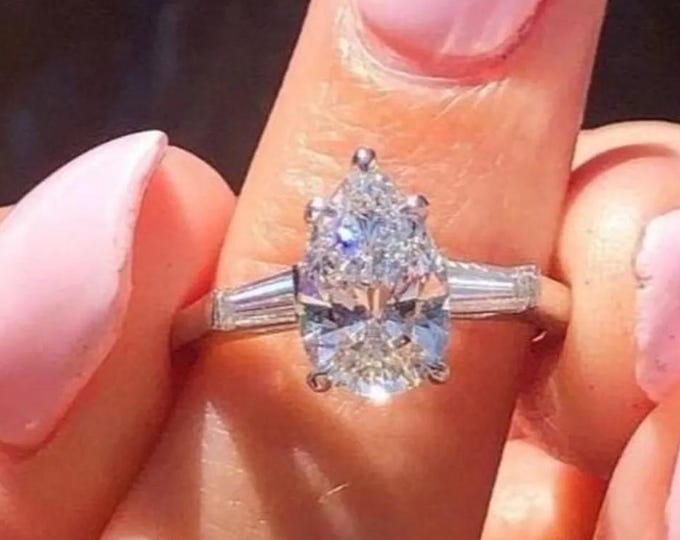Pear Cut Moissanite Three Stone Engagement Ring With Side Baguette, 14K Gold Proposal Anniversary Ring Personalized Women Statement Jewelry