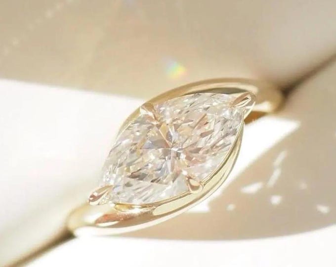East West Marquise Cut Moissanite Pinky Finger Ring, 14K Solid Gold Solitaire Bypass Shank Wedding Ring, Dainty Minimalist Jewelry