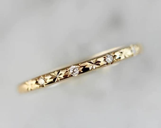 Round Cut Moissanite Wedding Band, 14K Solid Gold Starburst Stacking Matching Promise Ring, Thin Band Anniversary Gift For Wife