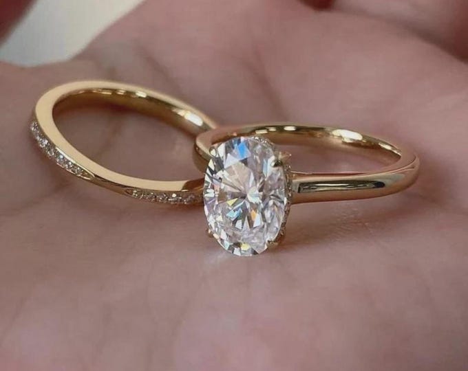 Oval Cut Moissanite Wedding Ring Set Vintage Bridal Set 14K Solid Gold Matching Band Anniversary Gift for Her