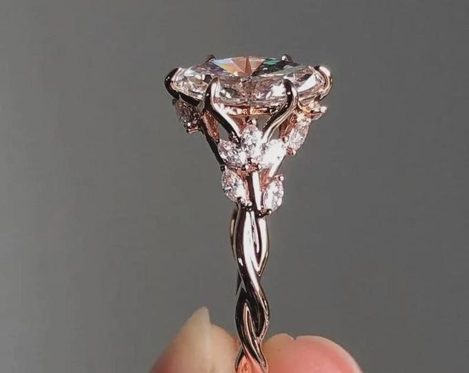 Floral Marquise Cut Moissanite Engagement Ring, Leaf Cluster Bridal Ring, Nature Inspired Wedding Ring for Women, Unique Proposal Ring