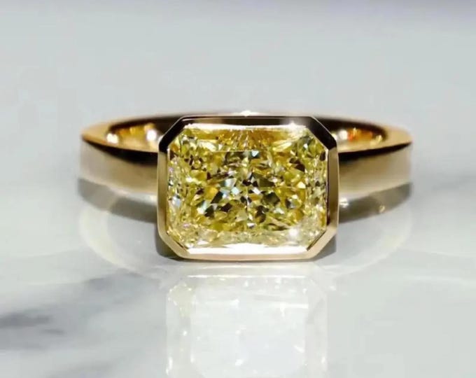 Canary Yellow Radiant Cut Moissanite Solitaire Engagement Ring, 14K Solid Gold Bezel Set Wedding Ring Custom Gift For Her