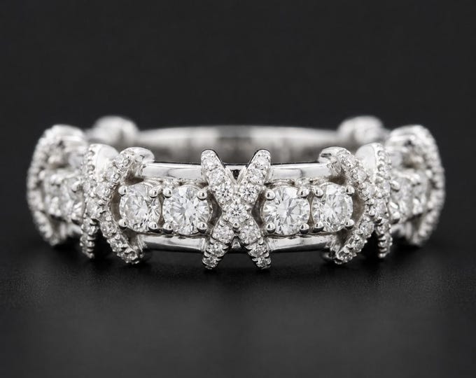 Moissanite Eternity Wedding Band Dainty Pave Diamond Ring Cross Stitch X Band Minimal Anniversary Gift For Her 14K Gold Round Diamond Band