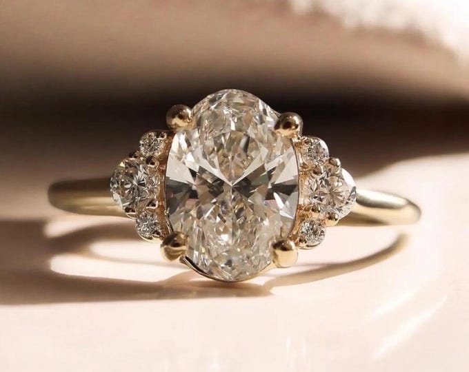 Oval Cut Moissanite Engagement Ring, 14K Gold Bridal Wedding Ring, Vintage Cluster Promise Ring For Her