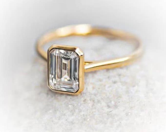 Emerald Cut Moissanite Minimalist Engagement Ring 14K Solid Gold Bezel Setting Wedding Ring Solitaire Ring Anniversary Gift For Her