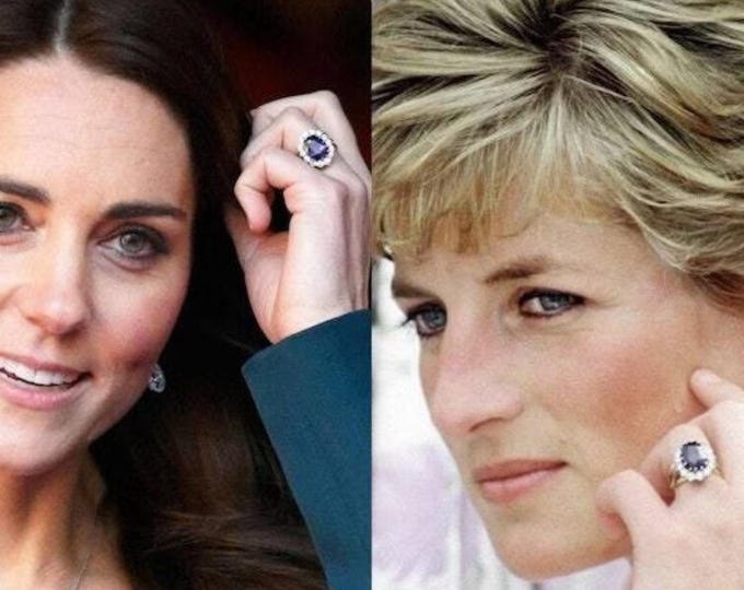 Princess Diana Inspired Blue Sapphire Vintage Engagement Ring, 14K White Gold Celebrity Replica Ring Royal Inspired Anniversary Gift For Her