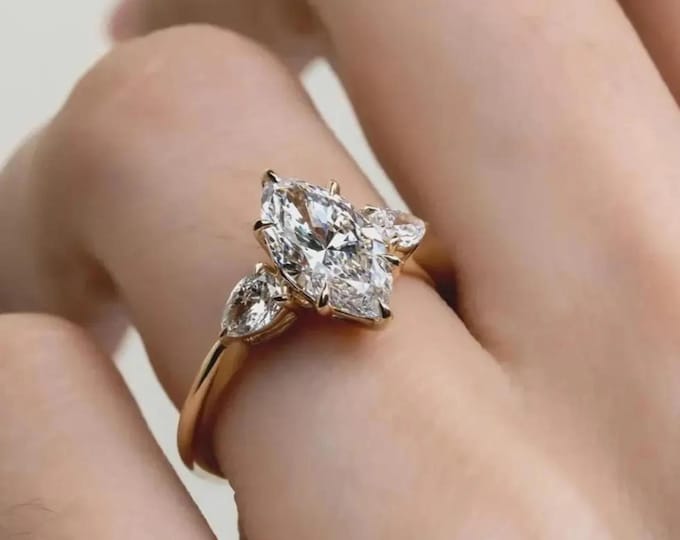 Three Stone Marquise Cut Moissanite Ring, 14K Yellow Gold Proposal Ring, Hand Crafted Past Present Future Bridal Jewelry Promise Gift
