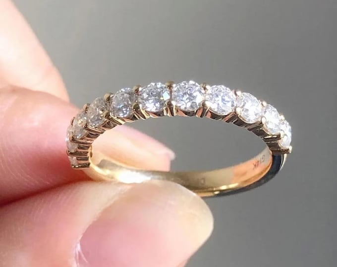 3 MM Round Brilliant Cut Moissanite Matching Wedding Band, 11 Stone Half Eternity Stackable Band, 14k Solid Gold Ring Anniversary Gifts Ring
