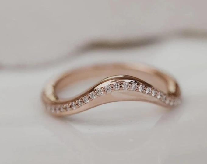 14K Solid Gold Minimalist Curved Moissanite Wedding Band, Sustainable Engagement Band For Women, Stacking Band