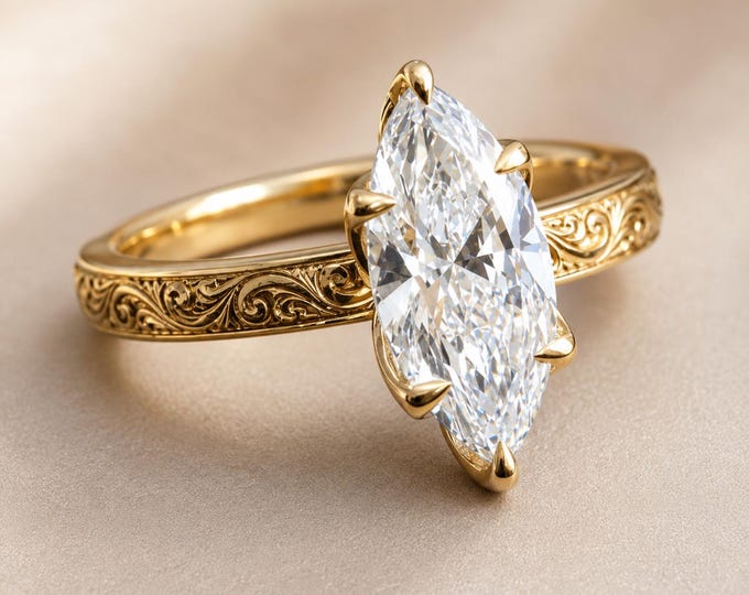 Vintage Marquise Cut Moissanite Engagement Ring 14K Solid Gold Filigree Milgrain Wedding Ring Engraved Antique Style Anniversary Gift