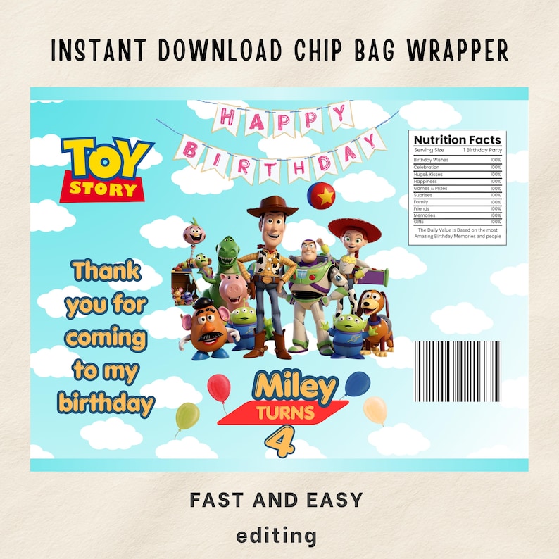 Puede incluir: Un dise&ntilde;o digital de envoltorio para bolsa de patatas con personajes de Toy Story como Woody, Buzz Lightyear y Jessie sobre un cielo azul con nubes. El texto incluye Happy Birthday, Thank you for coming to my birthday y Miley Turns 4.