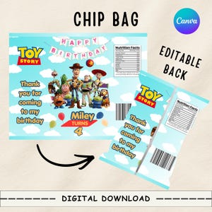 Puede incluir: Un dise&ntilde;o digital de envoltorio para bolsa de patatas fritas con tem&aacute;tica de Toy Story que muestra a Woody, Buzz Lightyear y amigos sobre un cielo azul con nubes. El texto incluye Happy Birthday, Miley Turns 4 y Thank you for coming to my birthday.