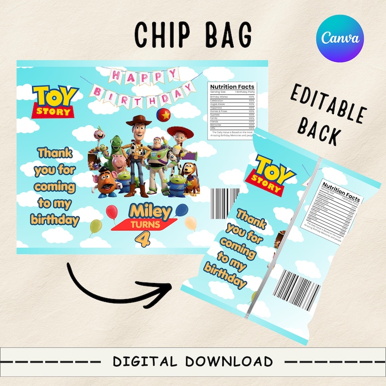 Puede incluir: Un dise&ntilde;o digital de envoltorio para bolsa de patatas fritas con tem&aacute;tica de Toy Story que muestra a Woody, Buzz Lightyear y amigos sobre un cielo azul con nubes. El texto incluye Happy Birthday, Miley Turns 4 y Thank you for coming to my birthday.