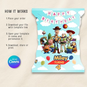 Puede incluir: Una plantilla digital de bolsa de patatas con fondo de cielo azul claro y nubes blancas, una pancarta de Happy Birthday y personajes de Toy Story como Woody, Buzz Lightyear y Jessie. El texto dice Miley Turns 4 con globos.