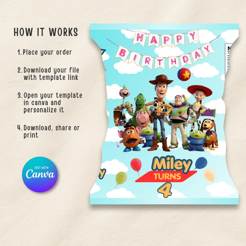 Puede incluir: Una plantilla digital de bolsa de patatas con fondo de cielo azul claro y nubes blancas, una pancarta de Happy Birthday y personajes de Toy Story como Woody, Buzz Lightyear y Jessie. El texto dice Miley Turns 4 con globos.