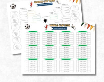 Calendario imprimible para niños del Mundial 2026 / Cuadro del torneo de fútbol / Plantilla editable de Canva / Cuadro de la fase de grupos y eliminatorias
