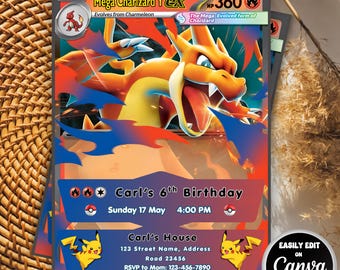 Pokemon Birthday Party Invitation | Pokemon Card Birthday Party Invite | Charizard Card Invite | Editable and Personalized Digital Template